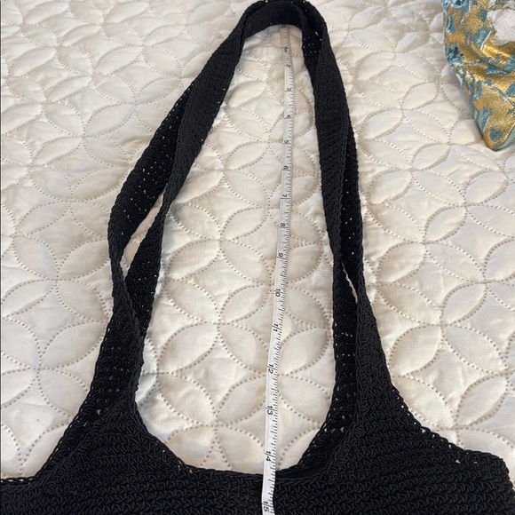 Black Slouch Crochet Knit Shoulder Bag with Snap Closure and inside Open Pocket - Picture 9 of 12